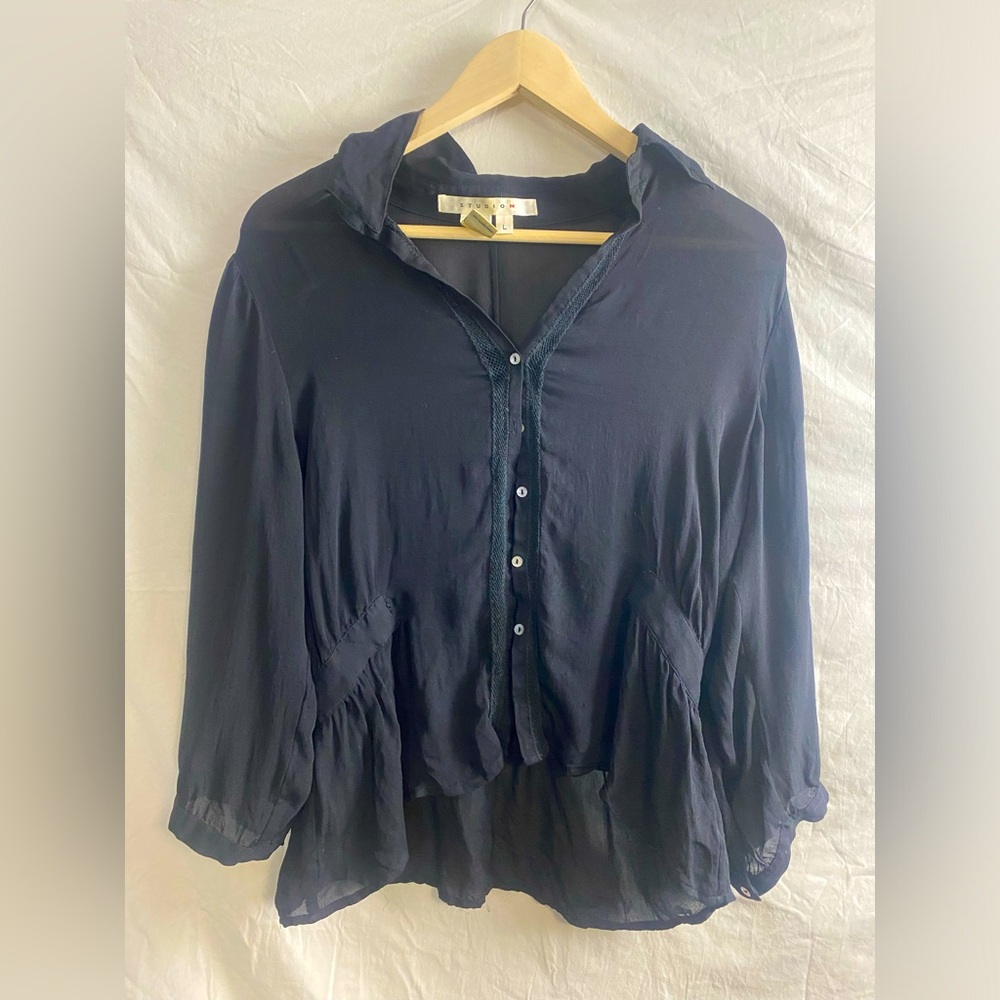Black silk vintage sheer blouse 3/4 sleeve